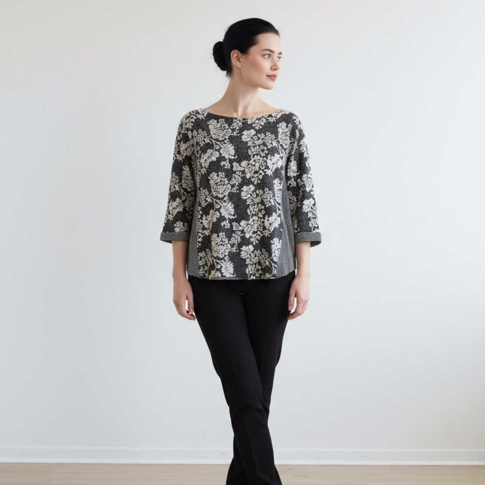Chico's Black and Cream Floral Blouse
